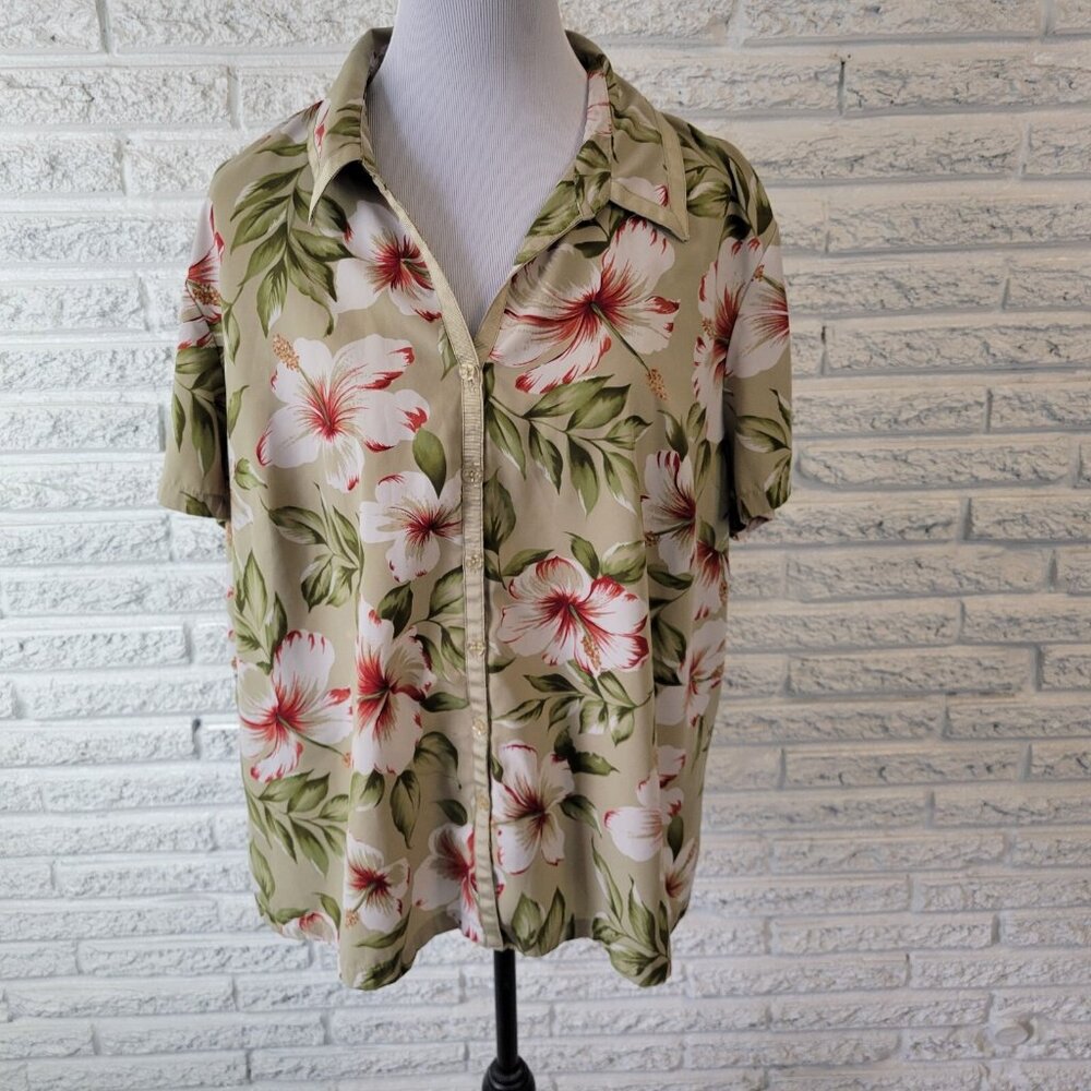 Judith Hart Womens Top 20W Plus Short Sleeve Button Up Green Floral FLO98E
